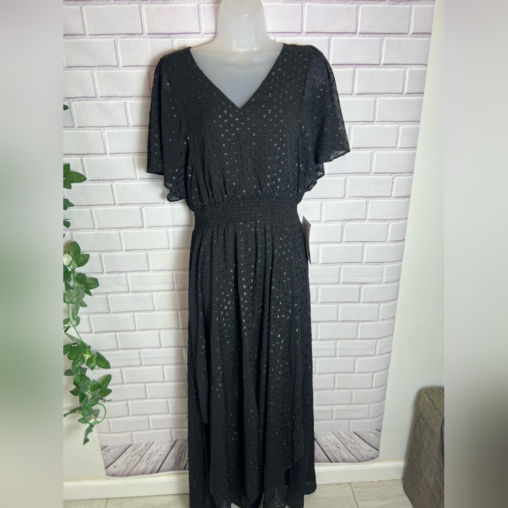 CeCe Black Flutter Sleeve V-Neck Midi Dress